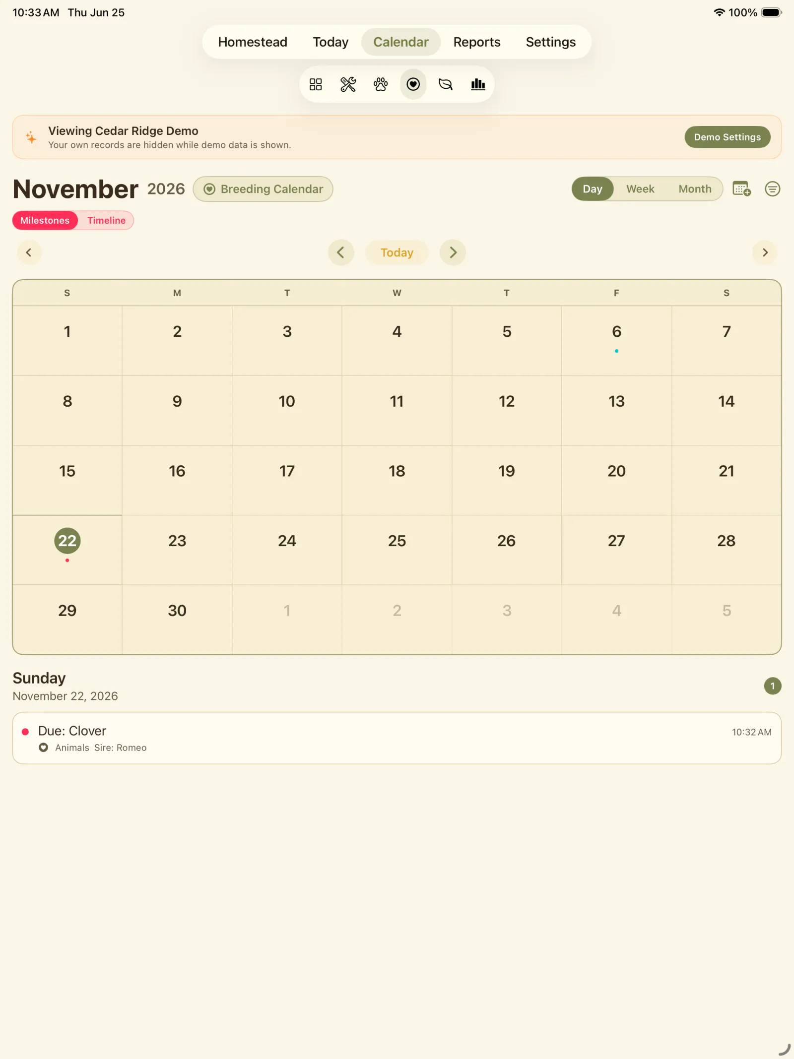 Calendar month view showing breeding-related dates and tasks.